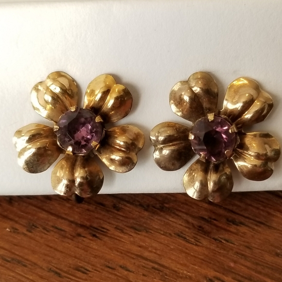 Vintage Van Dell flower earrings screwback gold fill purple floral - Picture 4 of 14